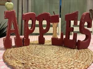 Vintage Rustic Carved Wood Hinged 'APPLES' Shelf Decor Sign